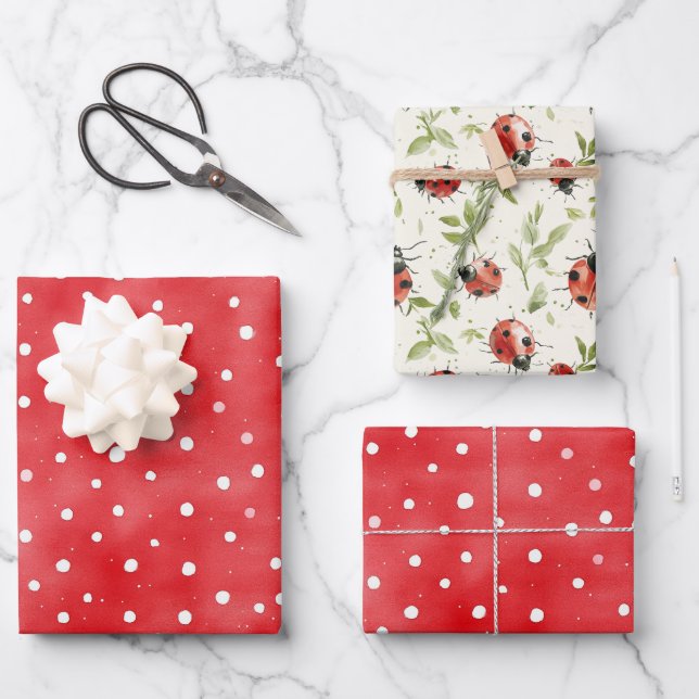 Hoja De Papel De Regalo Ladybug Red White Dots Birthday (Anverso)