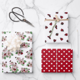 Hoja De Papel De Regalo Ladybugs Rosa Daisies Polka Dots Patrones mixtos