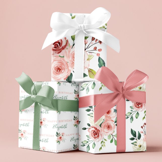 Hoja De Papel De Regalo Láminas de regalo de cumpleaños con rosas rosadas  (Celebrate a special birthday with these watercolor pink rose personalized wrapping paper sheets! )