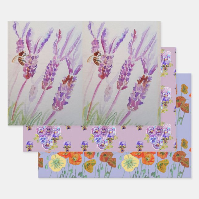 Hoja De Papel De Regalo Lavender Flor Morada Poppies Florales Acuarela (Set)