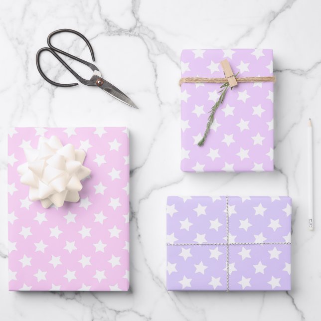 Hoja De Papel De Regalo Lavender Lilac White Stars Polka Dots (Anverso)