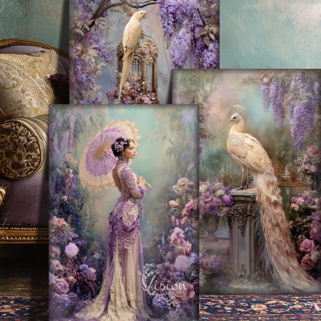 Hoja De Papel De Regalo Lavender Romance Viejo Fantasía Retrato y Aves (Lavender Romance, Vintage Parisian Fantasy, Portrait, Birds, Ethereal Floral, Heavyweight Decoupage )
