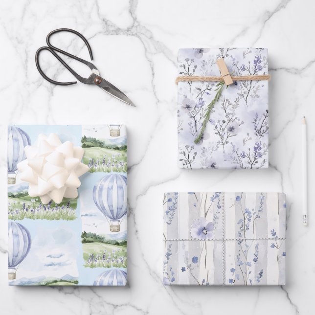 Hoja De Papel De Regalo Lavender Stripes Balón Floral Brigada Ducha (Anverso)