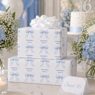 Hoja De Papel De Regalo Lazo azul Dulces 16 blanco