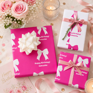 Hoja De Papel De Regalo Lazo rosa caliente de cumpleaños niña blanca