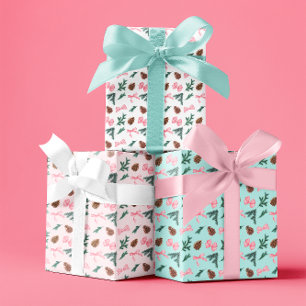 Hoja De Papel De Regalo Lazos de Coqueta Rosa y Ramas de Pino Perenne