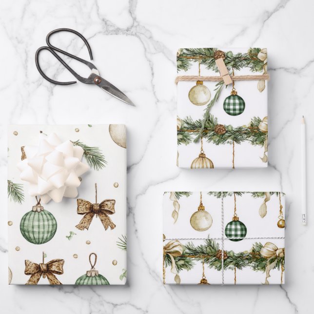 Hoja De Papel De Regalo Lazos Marrones Rústicos Crema Verde Navidad   (Anverso)