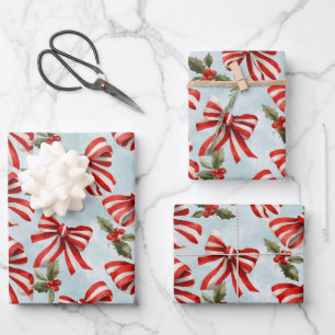 Hoja De Papel De Regalo Lazos Rayados de Rojo y Blanco Acebo de Navidad