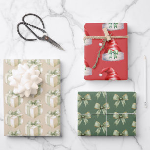 Hoja De Papel De Regalo Lazos verdes de Navidad y sombreros de Santa al es