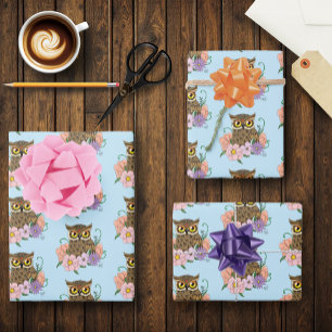 Hoja De Papel De Regalo Lechuza de flores primavera pastoral