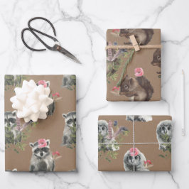 Hoja De Papel De Regalo Lechuza Rústica Kraft Woodland Baby Racoon