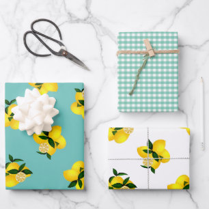 Hoja De Papel De Regalo Lemon Aqua Gingham