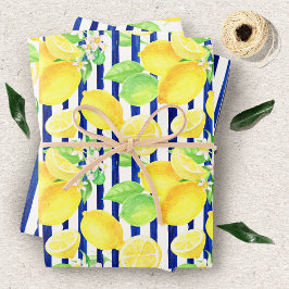 Hoja De Papel De Regalo Lemones acuarelas de bonito y franjas azules