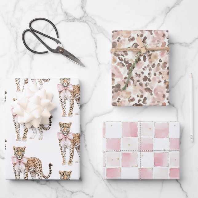 Hoja De Papel De Regalo Leopard Pink Bow Birthday (Anverso)