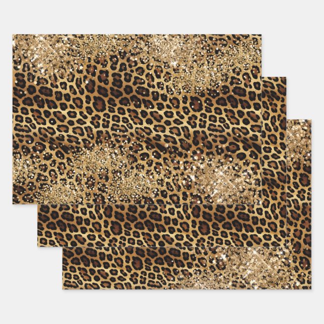 Hoja De Papel De Regalo Leopard Print Gold Glitzy Sparkle Purpurina (Set)