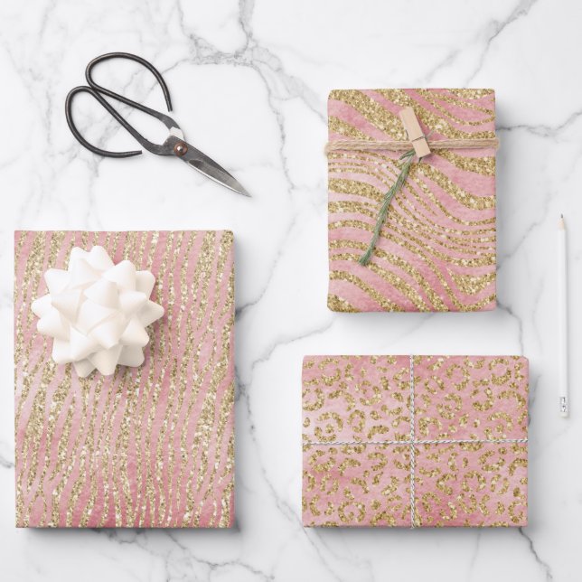 Hoja De Papel De Regalo Leopardo de cebra de Ombre rosa dorado (Anverso)