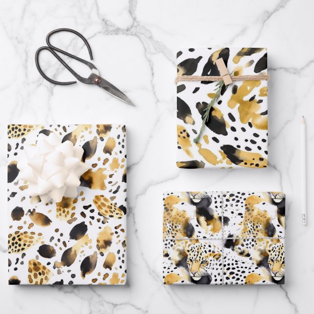 Hoja De Papel De Regalo Leopardo negro amarillo dorado (Anverso)