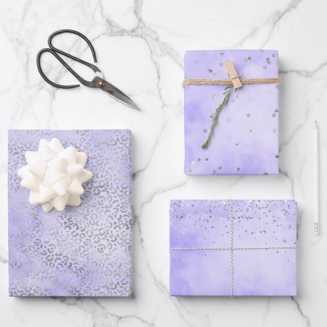 Hoja De Papel De Regalo Leopardo plateado Imprimir morado Lavanda rosa (Anverso)