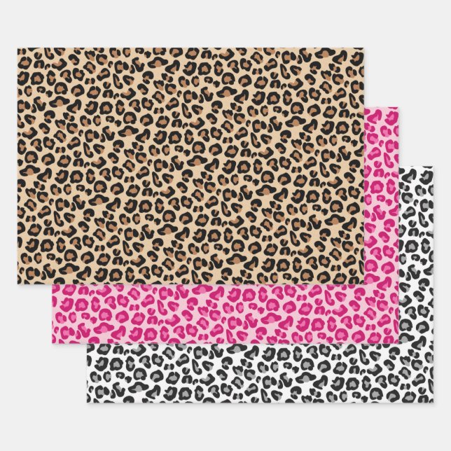 Hoja De Papel De Regalo Leopardo Print, Tan, Pink, Black & White (Set)