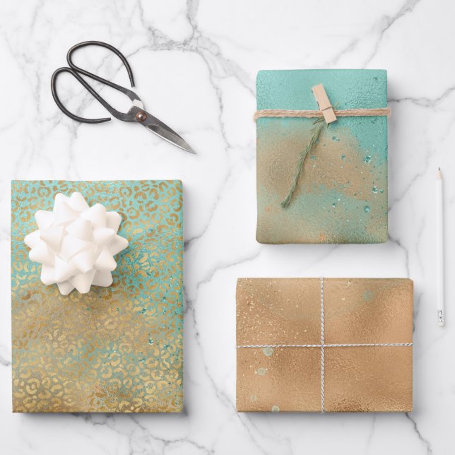 Hoja De Papel De Regalo Leopardo Purpurina Aqua Gold Glitzy Sparkle (Anverso)