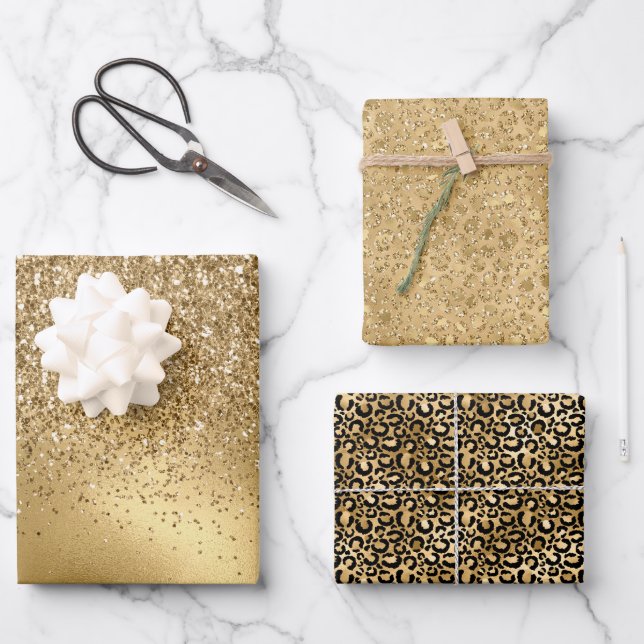 Hoja De Papel De Regalo Leopardo Purpurina Gold Glam (Anverso)