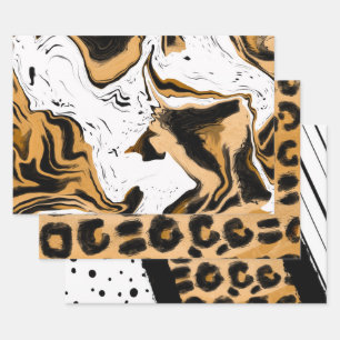 Hoja De Papel De Regalo Leopardo y rayas negras y blancas y puntos de polk