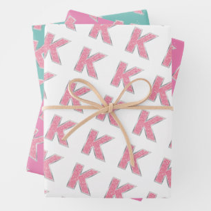 Hoja De Papel De Regalo Letra rosa Purpurina K