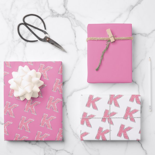Hoja De Papel De Regalo Letra rosa Purpurina K (Anverso)