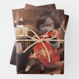 Hoja De Papel De Regalo Leyendo gato en Cheongsam