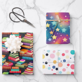 Hoja De Papel De Regalo Libros Galaxia Estrellas Lunares Coloridos Tema Es