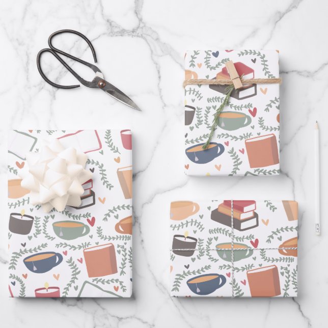 Hoja De Papel De Regalo Libros, Velas Y Té (Anverso)