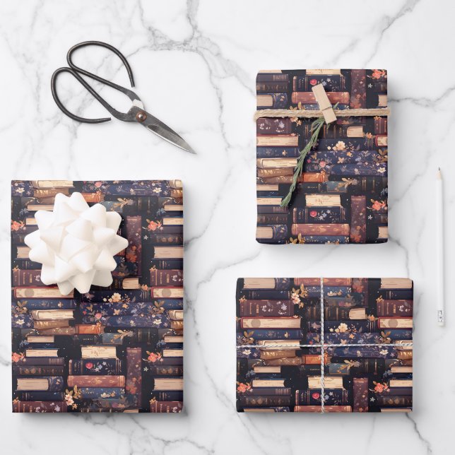 Hoja De Papel De Regalo Libros y flores sobre negro (Anverso)