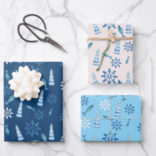 Hoja De Papel De Regalo Lighthouse Beach Watercolor Pintado por la mano Al