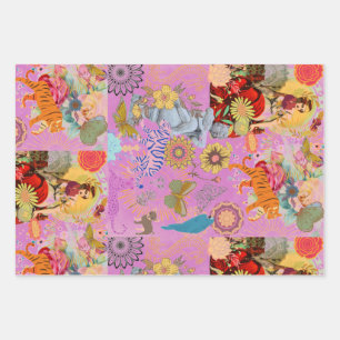 Hoja De Papel De Regalo Lila Rosa Boho Caprichoso Botánico Flora