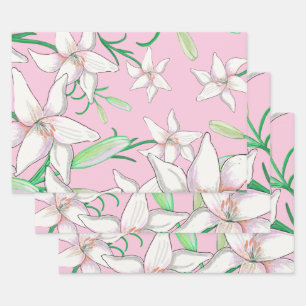 Hoja De Papel De Regalo Lillies blancos sobre el Ilustracion de fondo rosa