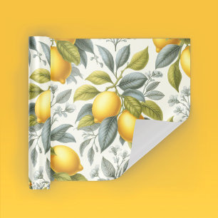 Hoja De Papel De Regalo Limón Amarillo Vibrante y Botánico Acuarela Azul