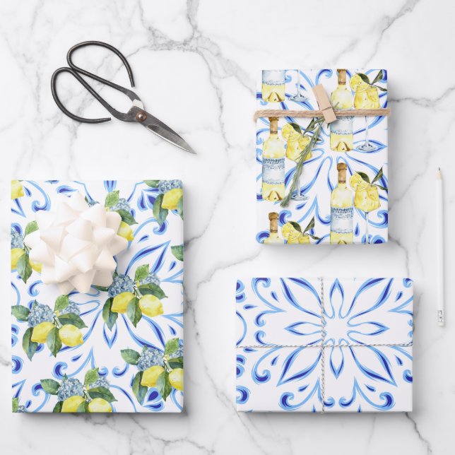 Hoja De Papel De Regalo Limoncello Azulejos Italianos Limones Cóctel (Anverso)