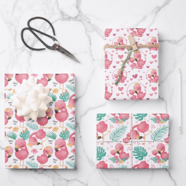 Hoja De Papel De Regalo linda morena bebé flamingo rosa  (Anverso)