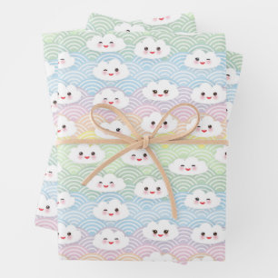 Hoja De Papel De Regalo Lindo Colorido Pastel Waves Kawaii Clouds Patrón