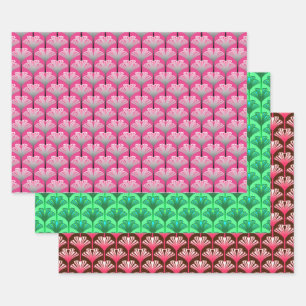 Hoja De Papel De Regalo Lirio Art Deco, Rosa, Verde Jade, Marrón y Coral
