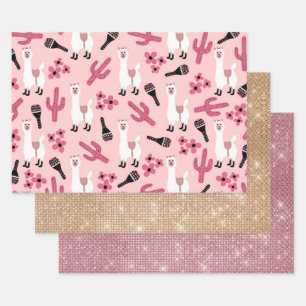 Hoja De Papel De Regalo Llama blanca rosada adorable Maraca Cactus Floral