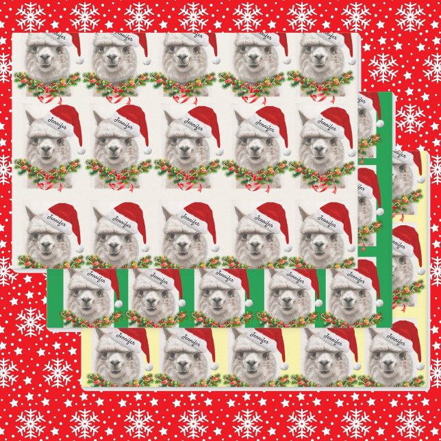 Hoja De Papel De Regalo Llama Cute sonríe Santa Hat tus nombres Navidades (Subido por el creador)