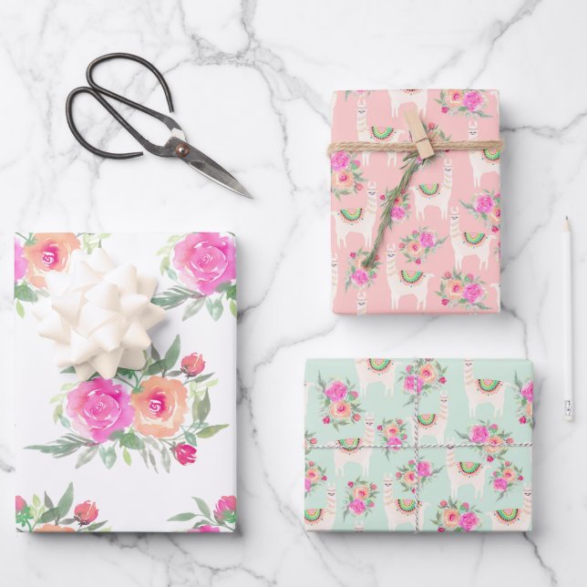 Hoja De Papel De Regalo Llama floral acuarela (Anverso)