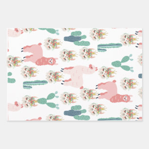 Hoja De Papel De Regalo Llamas rosadas lindas y cactus verdes