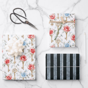 Hoja De Papel De Regalo Llaves de Rosas Rojas y Azules Despedida de Solter