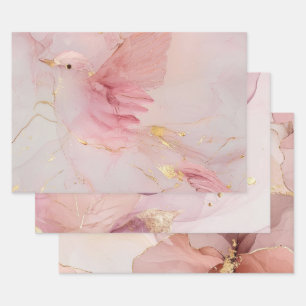 Hoja De Papel De Regalo Lluvia de Bebé Aves Rosa Rubor Dorado