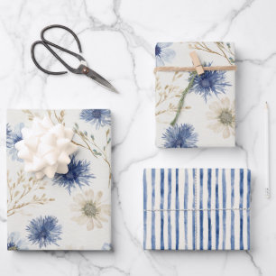 Hoja De Papel De Regalo Lluvia de Novia de Flores de Rayas Blancas y Azule