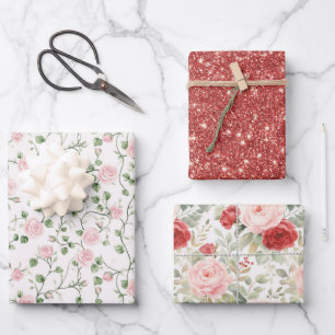 Hoja De Papel De Regalo Lluvia de Rosas Rojas Rosadas con Brillo para Desp