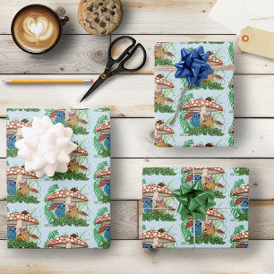 Hoja De Papel De Regalo Lluvia en hongos de la familia Cute Owl