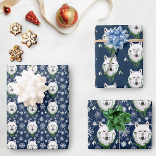 Hoja De Papel De Regalo Lobo Ártico Blanco Místico Invierno Snowdrop Azul